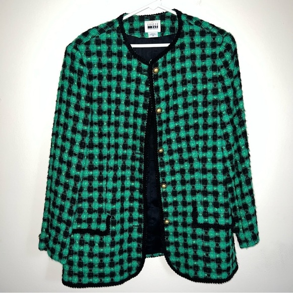 Vintage Leslie Fay Sportswear Green and Black Houndstooth Blazer Size 14 Missy - Picture 7 of 8